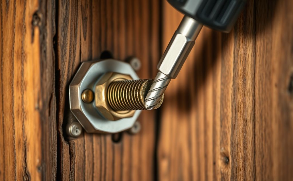 A close-up of a screwdriver tightening a screw on a door hinge.
