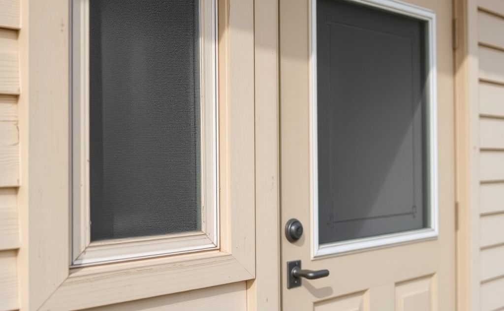 A close-up of a sealed window and door with pest-proof screens.