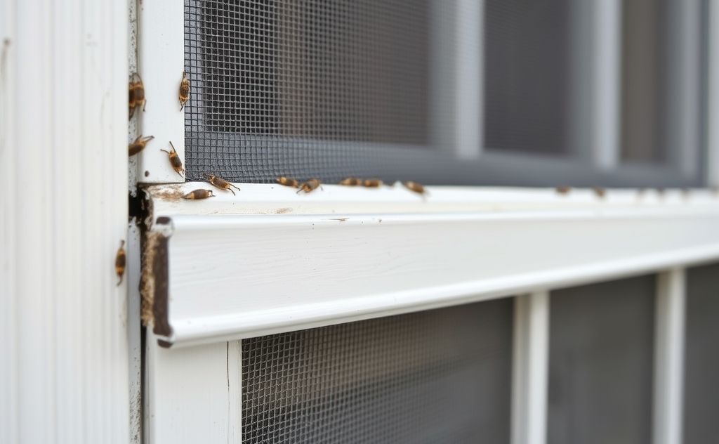 A close-up of a sealed window with caulk and pest-proof screens.