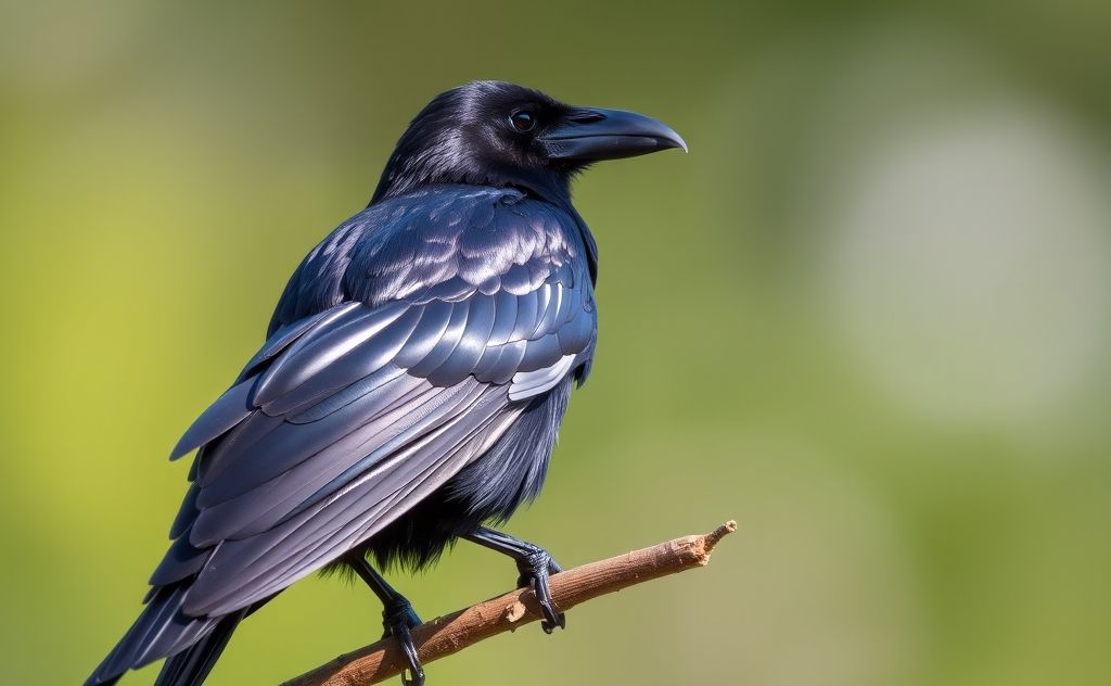 A close-up of a shiny black crow perched on a branch.