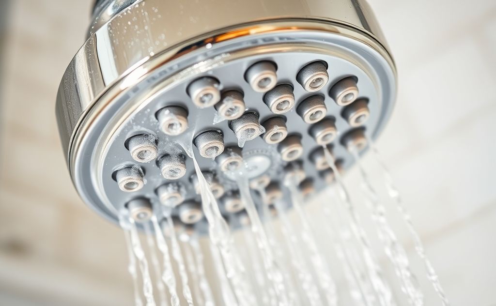 A close-up of a shower head being cleaned, showing limescale removal.
