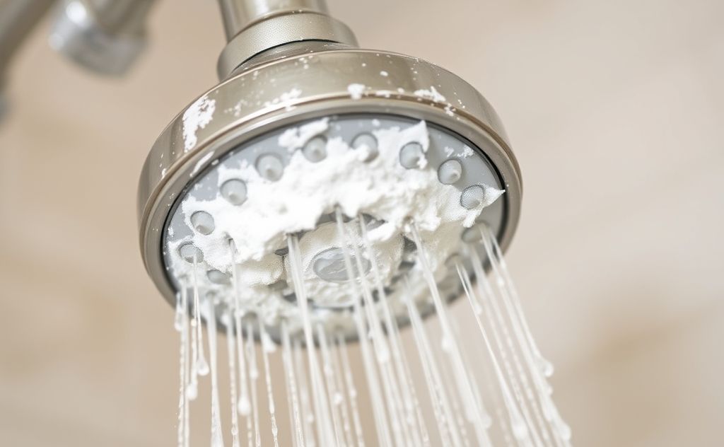 A close-up of a shower head coated in baking soda paste.