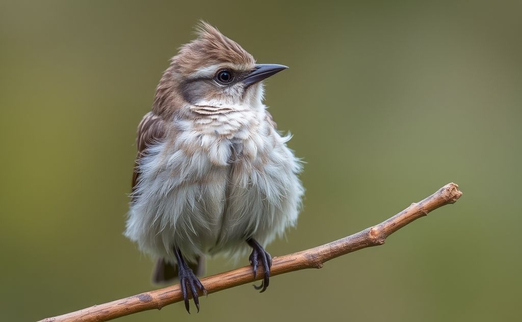 A close-up of a sick bird perched on a branch, showing dull feathers.