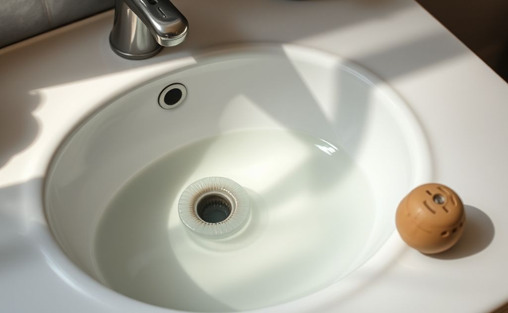 A close-up of a sink with water pooling and a plunger nearby.