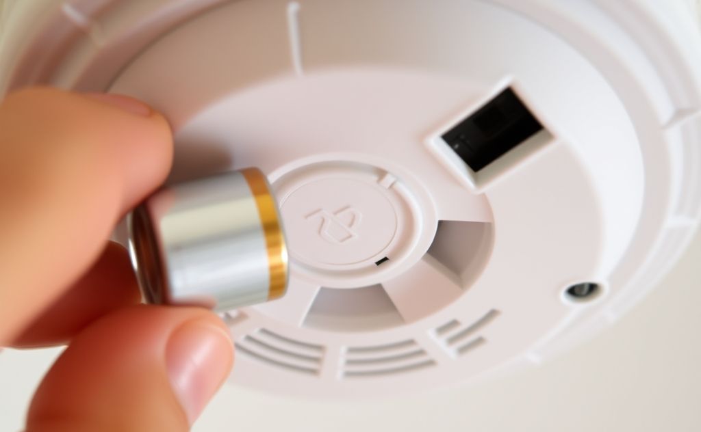 A close-up of a smoke detector with a battery being replaced.