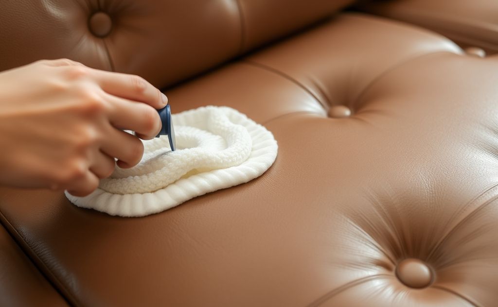 A close-up of a soft leather sofa being cleaned and conditioned.