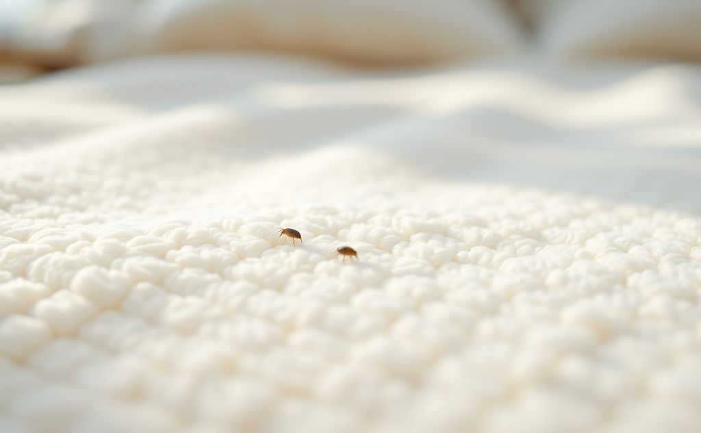 A close-up of a soft mattress cover with dust mites being repelled.