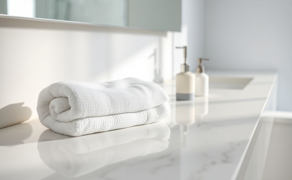 A close-up of a sparkling clean bathroom with minimal supplies nearby.