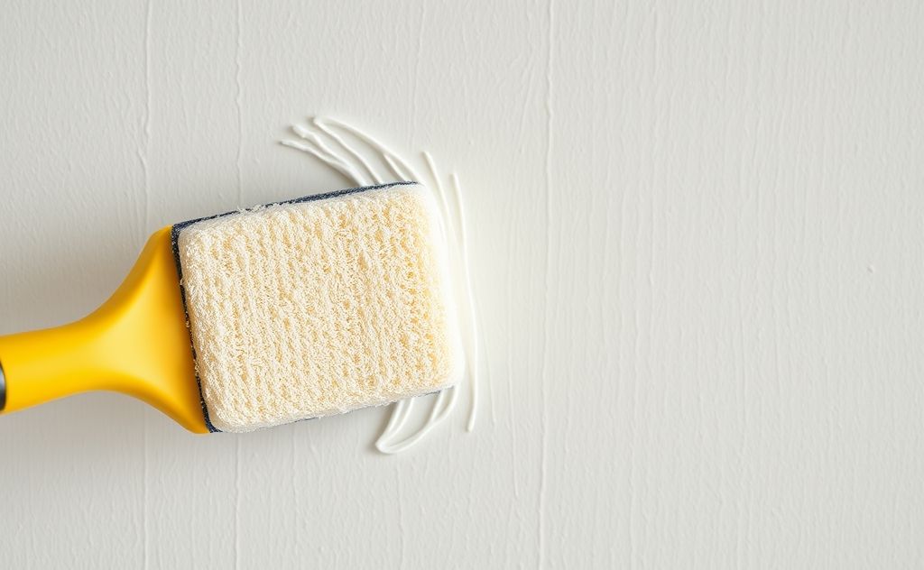 A close-up of a sponge scrubbing a freshly painted wall.