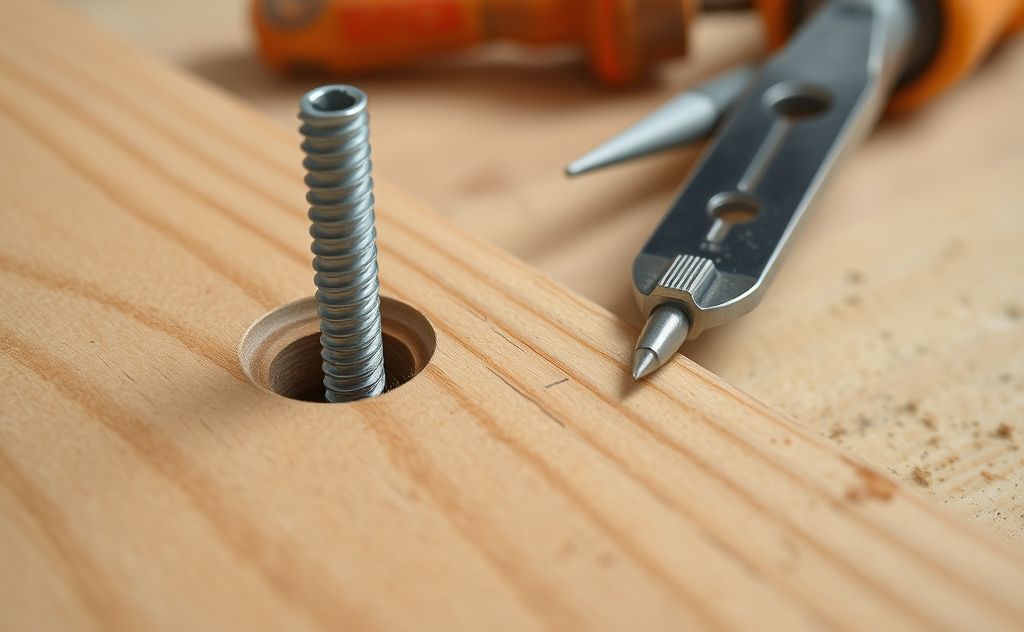 A close-up of a stripped screw hole in wood with repair tools nearby.