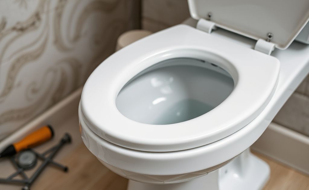 A close-up of a sturdy toilet seat with new hardware tools nearby.