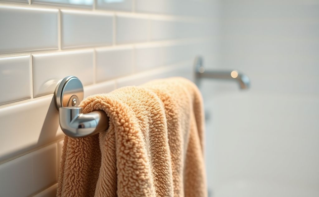 A close-up of a tension rod towel bar securely holding towels.