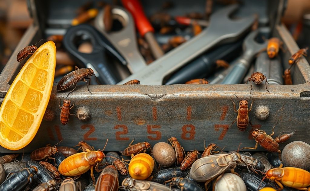 A close-up of a toolbox surrounded by common household pests.