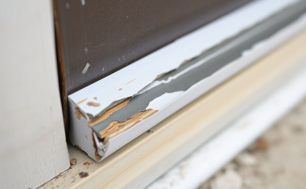A close-up of a torn door weatherstripping being repaired.