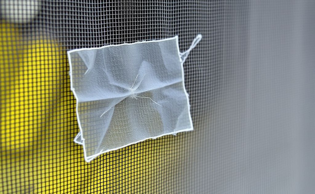 A close-up of a torn window screen being repaired with a patch.