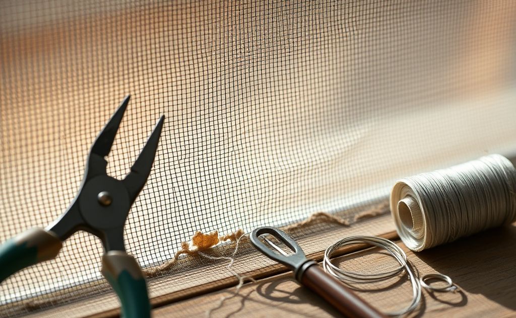 A close-up of a torn window screen with tools for repair nearby.