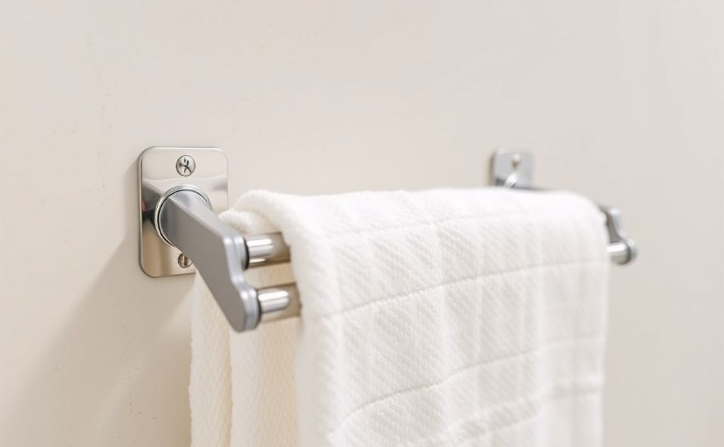 A close-up of a towel bar secured with adhesive brackets on a wall.