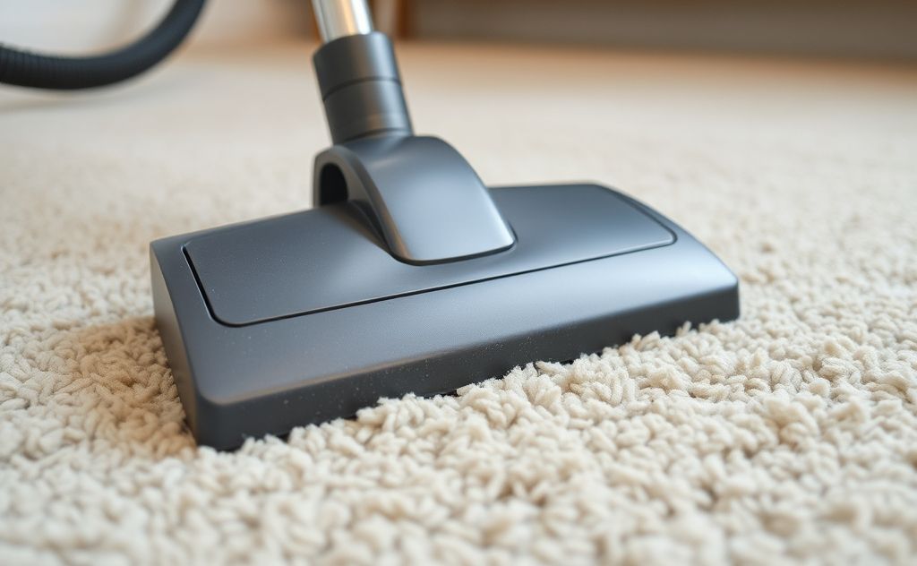 A close-up of a vacuum cleaner on a clean carpet with dust particles.
