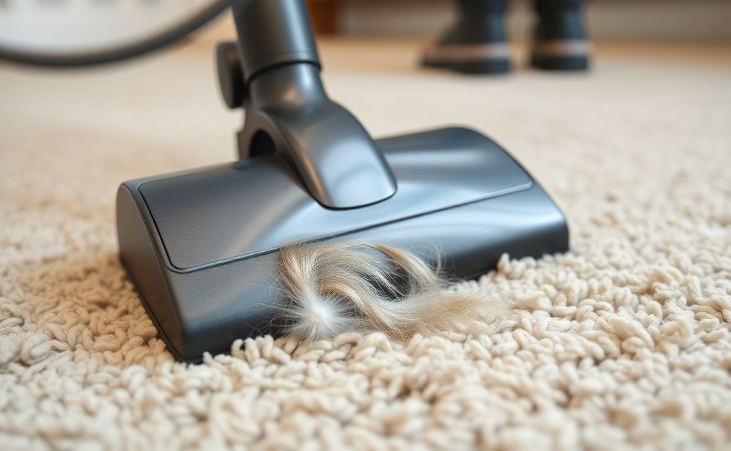 A close-up of a vacuum cleaner removing pet hair from a carpet.