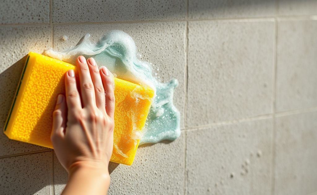 A close-up of a wall being cleaned with a sponge and cleaning solution.