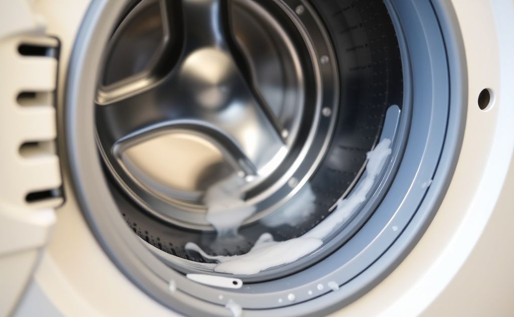 A close-up of a washing machine drum and door seal being cleaned.