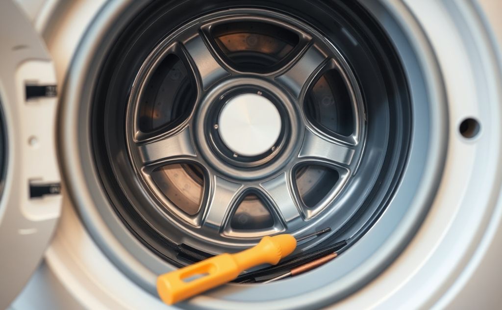 A close-up of a washing machine's drum with tools for maintenance.