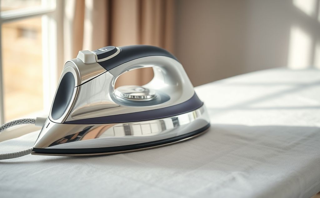 A close-up of a well-maintained iron on a clean ironing board.