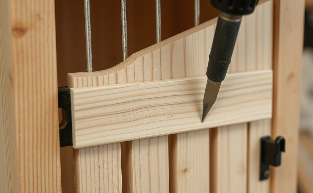 A close-up of a wooden birdcage door being constructed with tools.