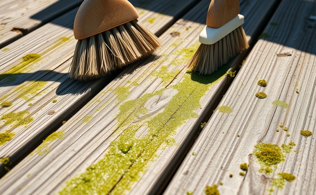 A close-up of a wooden deck being scrubbed to remove algae.