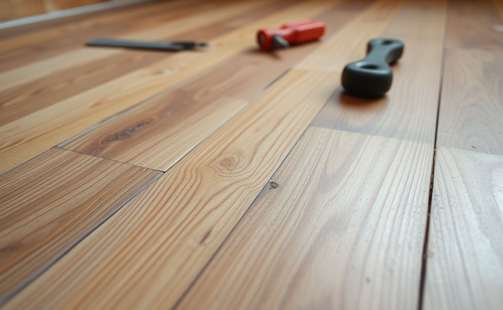 A close-up of a wooden floor with visible creaks and repair tools.