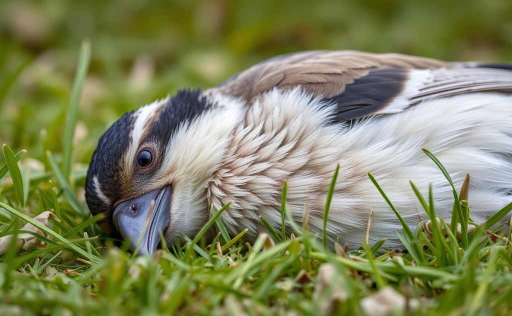 A close-up of a wounded bird resting on soft grass.