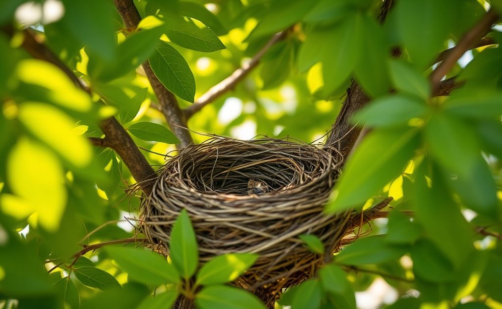 A close-up of an abandoned bird nest in a tree surrounded by foliage.