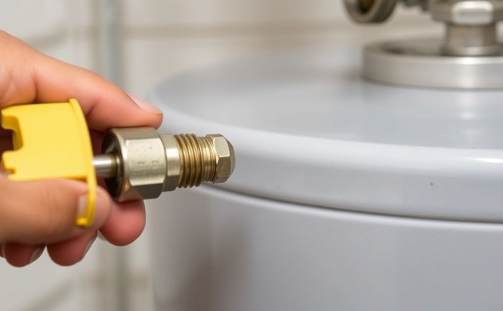 A close-up of an anode rod being inspected next to a water heater.