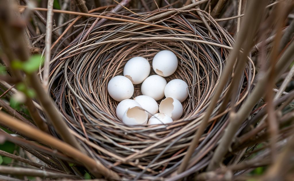 A close-up of an empty bird nest among branches with scattered eggshells.