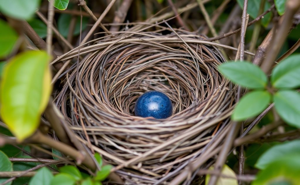 A close-up of an empty bird nest among twigs and leaves.