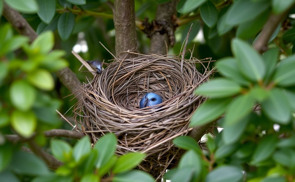 A close-up of an empty bird nest in a tree surrounded by foliage.