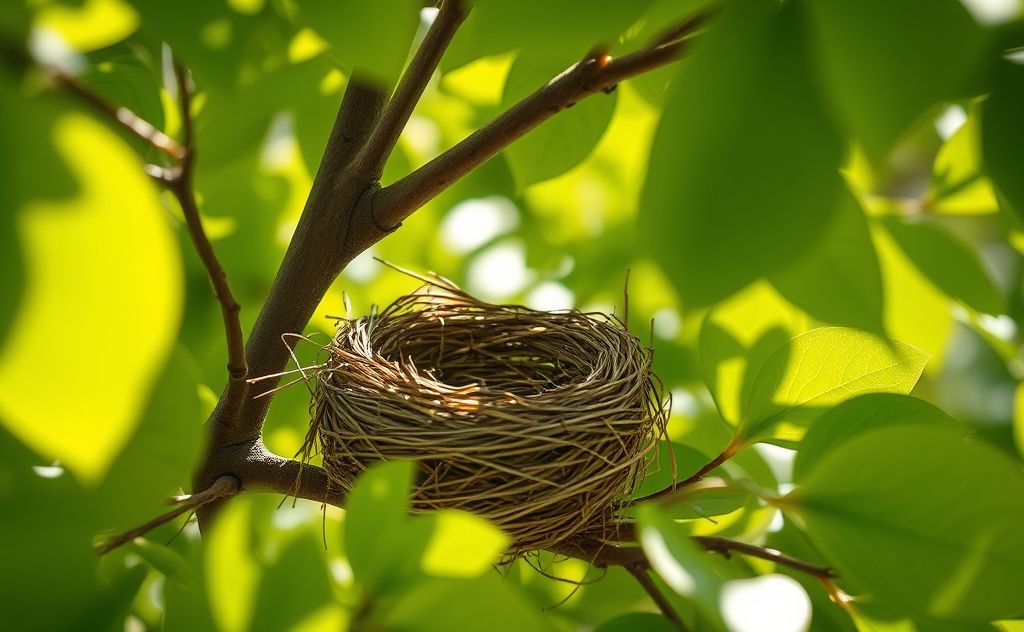 A close-up of an empty bird nest in a tree surrounded by leaves.
