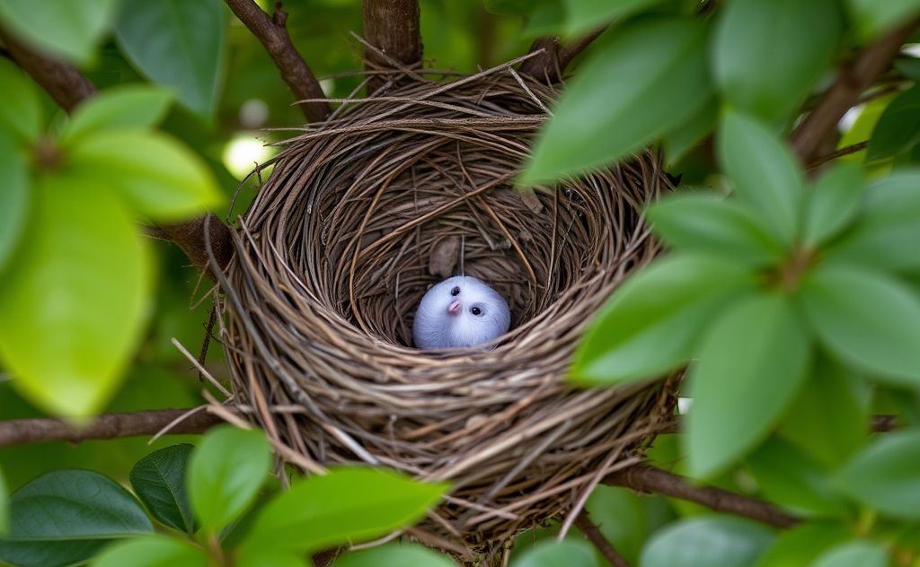 A close-up of an empty bird nest in a tree, surrounded by leaves.
