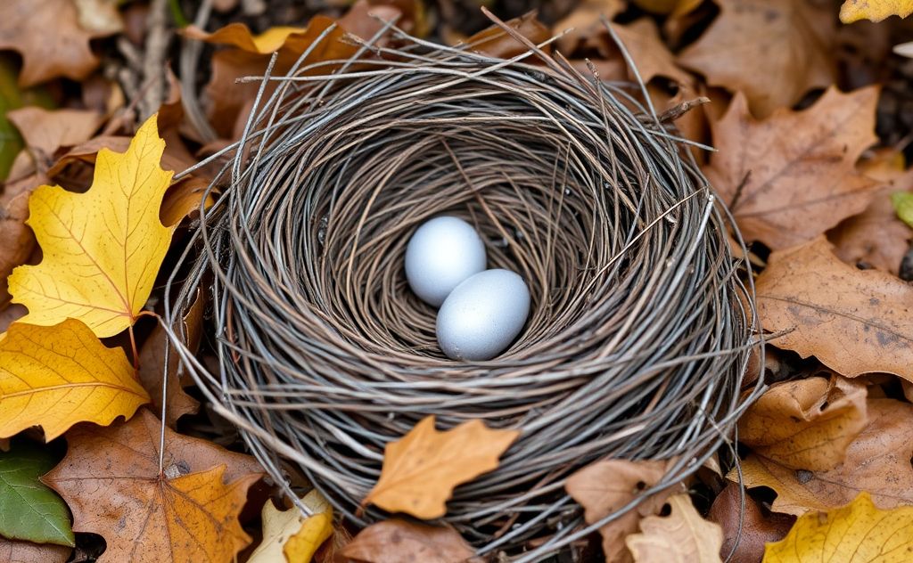A close-up of an empty bird nest surrounded by fallen leaves.