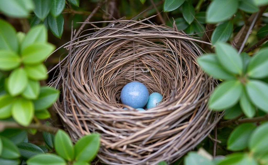 A close-up of an empty bird nest surrounded by foliage and twigs.