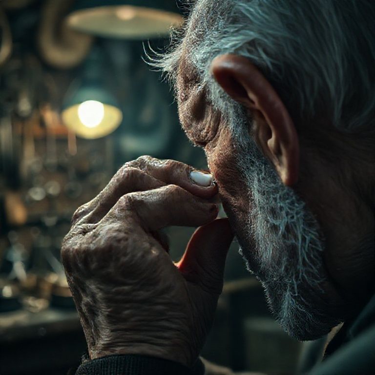 Close nas m&atilde;os do Dom Esteban examinando o brinco em uma oficina antiga.