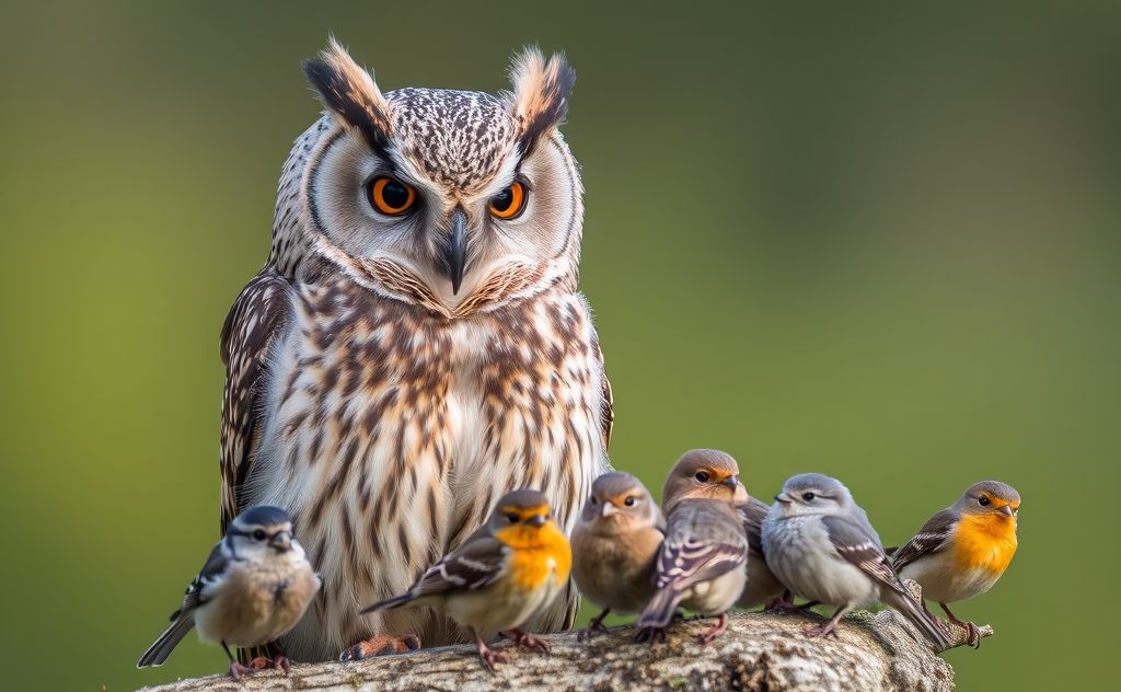 A close-up of an owl perched near a variety of small birds.