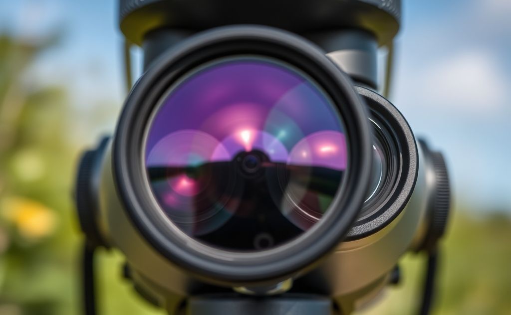 A close-up of binoculars highlighting the objective lens size in nature.