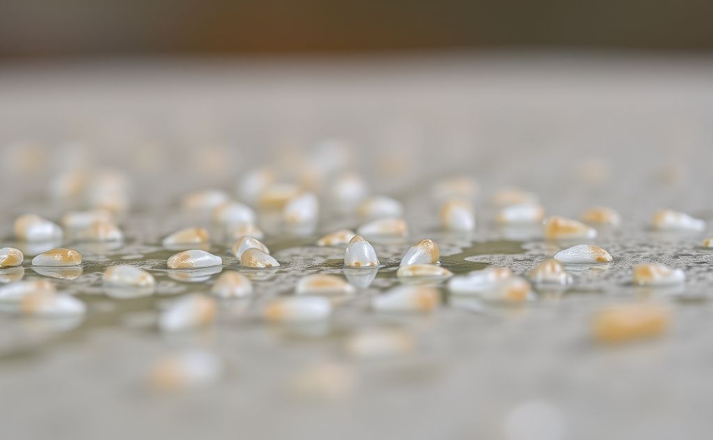 A close-up of bird droppings on a surface with a blurred background.