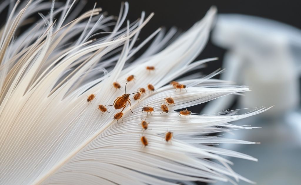 A close-up of bird mites on a feather with a spray bottle nearby.