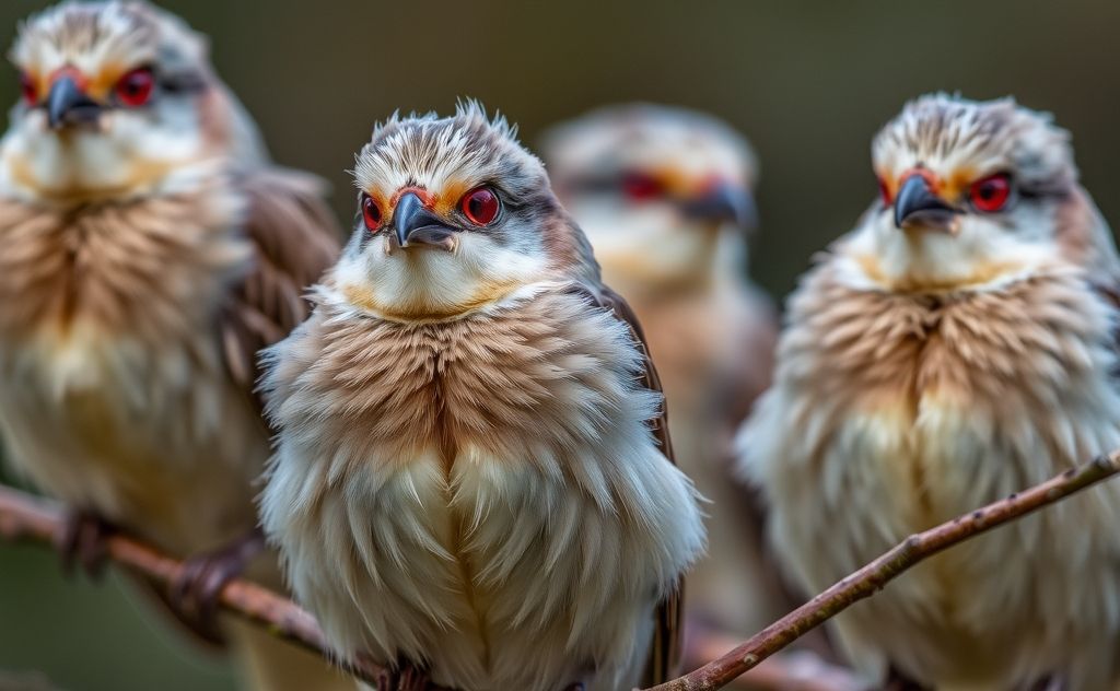 A close-up of birds with striking red eyes perched on branches.