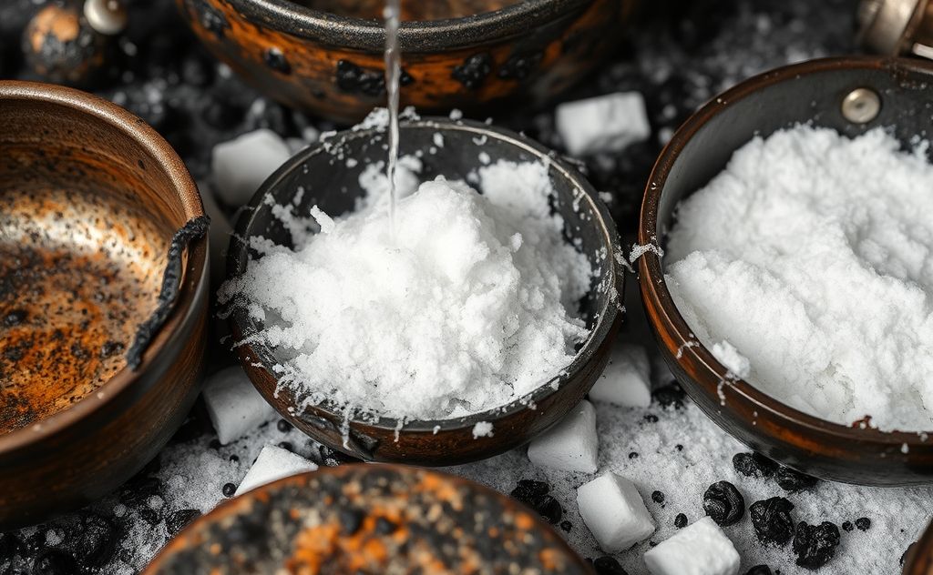 A close-up of burnt pots and pans with vinegar and baking soda.