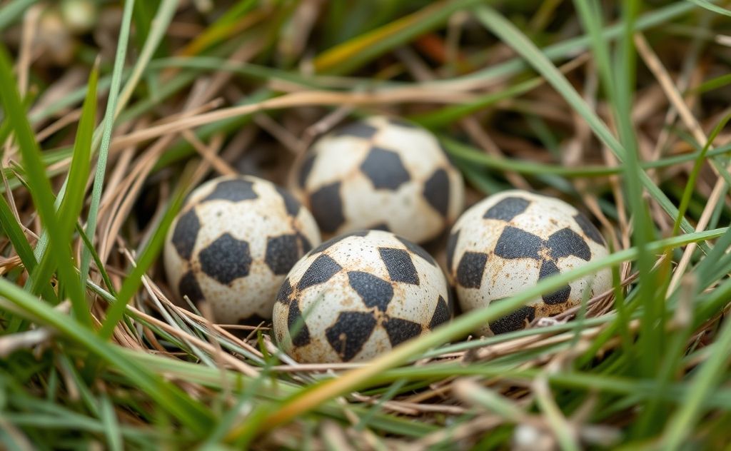 A close-up of camouflaged killdeer eggs nestled in grass.