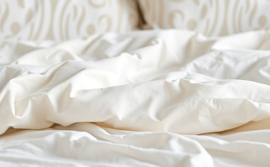 A close-up of clean bedding with soft textures and fresh colors.