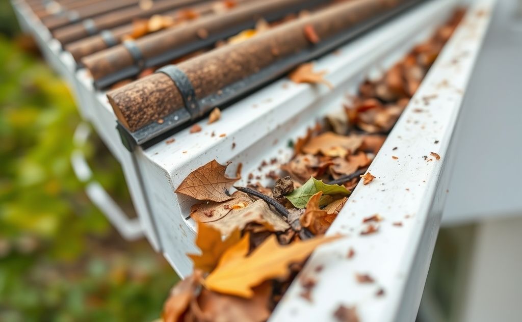 A close-up of clean gutters with leaves and debris removed.